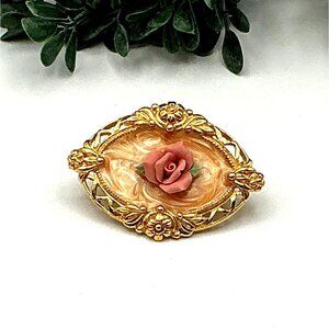 Vintage Gold-Tone Oval Filigree Brooch With Pink Rose Centerpiece